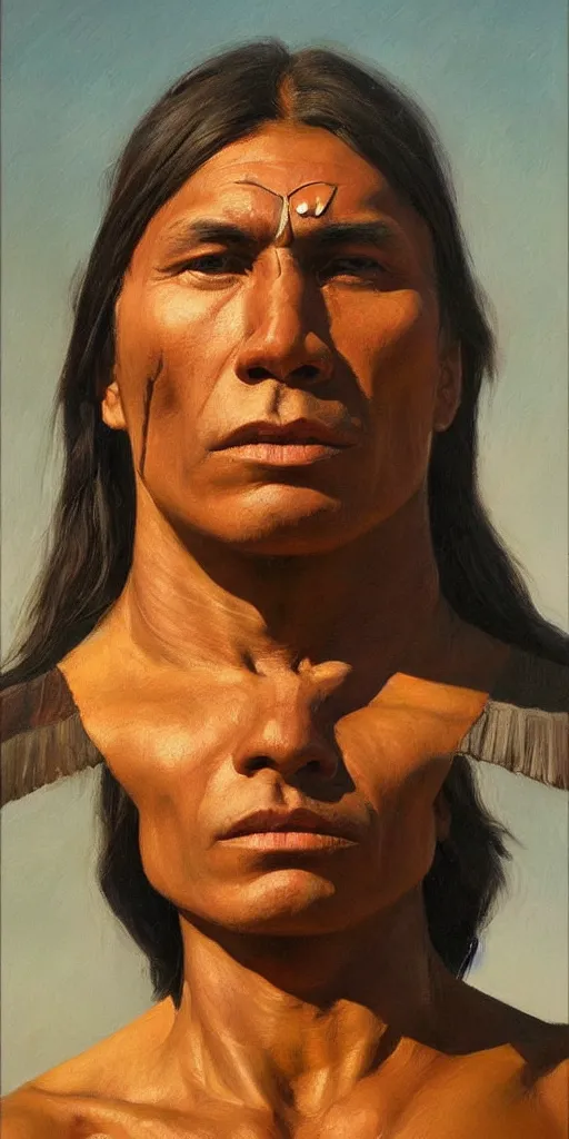 Image similar to a stunning and noble highly detailed portrait of a native american warrior by josep tapiro baro and edward hopper, trending on artstation, oil painting masterpiece, symmetry, mysterious, very very very aesthetic