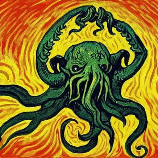 Image similar to cthulhu coming from the night sky of a city, painting by van gogh