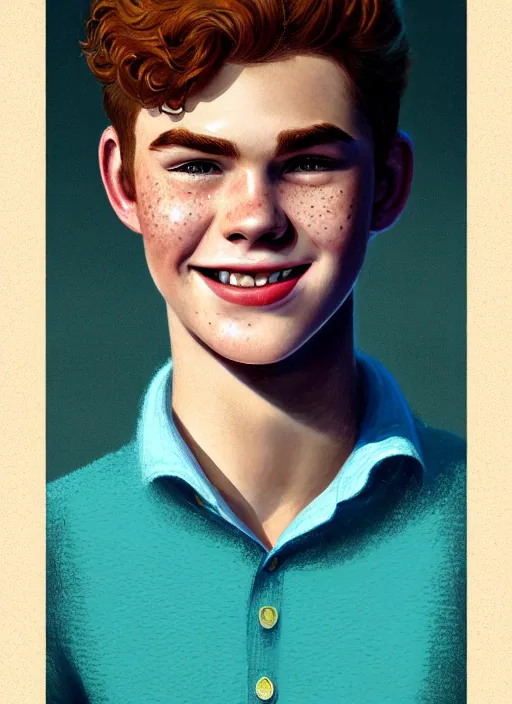 Image similar to portrait of teenage archie andrews, freckles, curly middle part haircut, curly hair, smiling kindly, friendly, 1 9 5 0 s, intricate, elegant, glowing lights, highly detailed, digital painting, artstation, concept art, smooth, sharp focus, illustration, art by wlop, mars ravelo and greg rutkowski