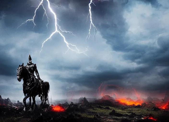 Prompt: a large warrior in full plate of black armor, splattered with blood, riding a large black warhorse, nightmare with red glowing eyes and red glowing mane and tail, blackened clouds cover sky crackling with lightning and rain in the distance, a castle in distance in flames and ruins, the ground is dark and cracked,