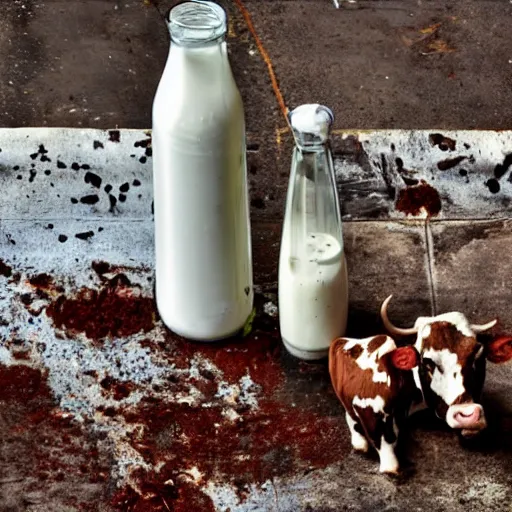 Image similar to dirty bottle of milk and a cow inside rusted slaughterhouse