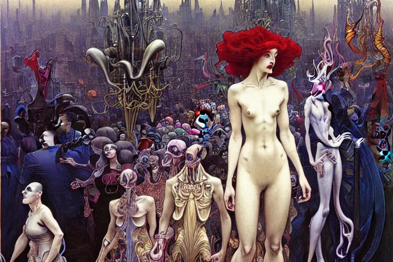 Prompt: realistic extremely detailed portrait painting of an elegant vampire in a crowded futuristic street, detailed alien crowd in the background by Jean Delville, Amano, Yves Tanguy, Alphonse Mucha, Mark Brooks, Ernst Haeckel, Edward Robert Hughes, Roger Dean, rich moody colours, blue eyes