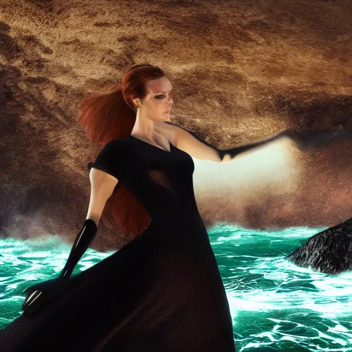 Image similar to photograph with stylish lens effect, pixar inspired, stylistic lighting, 1 9 8 0's action moviee style, weta digital, octane render, a woman in a black dress and a hair covering standing in the cliffside entrance to a cave alongside crashing dramatic ocean waves with sea foam and sea spray