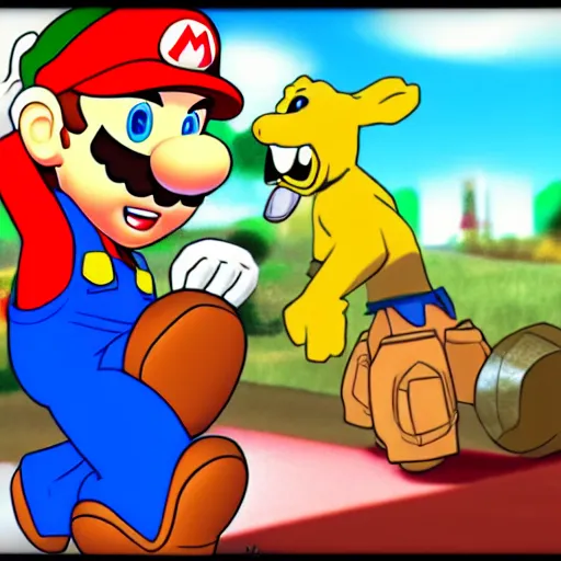 Image similar to mario fighting shaggy from scooby doo, super smash bros