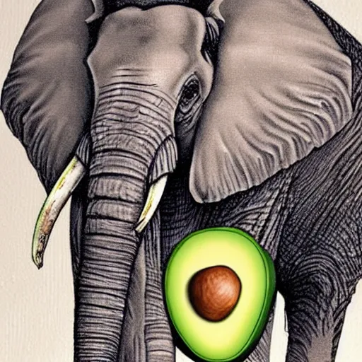 Image similar to an elephant holding an avocado with its trunk, realistic,