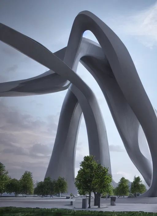 Image similar to highly detailed realistic architecture 3 d render of a huge high futuristic concrete stele sculpture in zaha hadid style standing in city park, archdaily, made in unreal engine 4 octane render