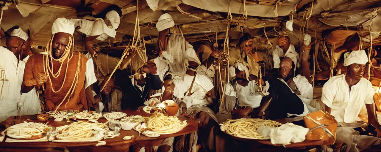 Prompt: vasco da gama sailing around africa, eating spaghetti, small details, intricate, canon 8 0 mm, cinematic lighting, wes anderson film, kodachrome