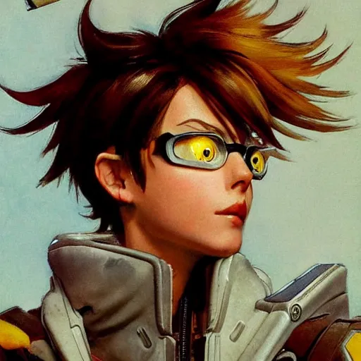 Image similar to Portrait of Tracer from Overwatch, by Norman Rockwell