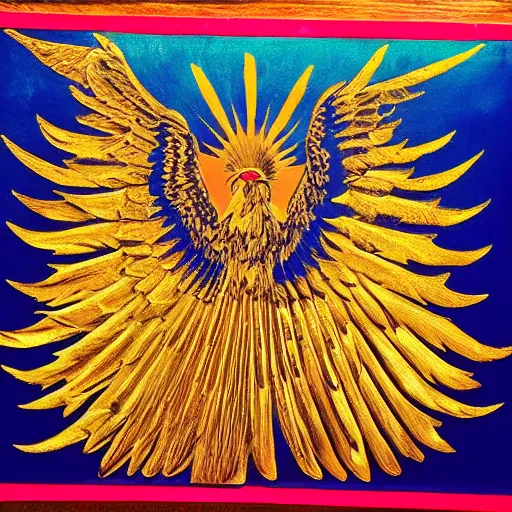 Image similar to eagle wing, glam rock, golden hour, sumerian wall art