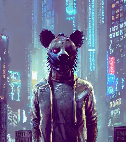 Prompt: new york city portrait icon of furry anthro anthropomorphic spotted hyena head animal person fursona wearing clothes strange cybernetic metal muzzle gloomy rainy screenshot from the video game cyberpunk 2077 digital art by Greg Rutkowski, Simon Stalenhag, christopher nolan trending on Artstation, CGSociety, Bladerunner 2049