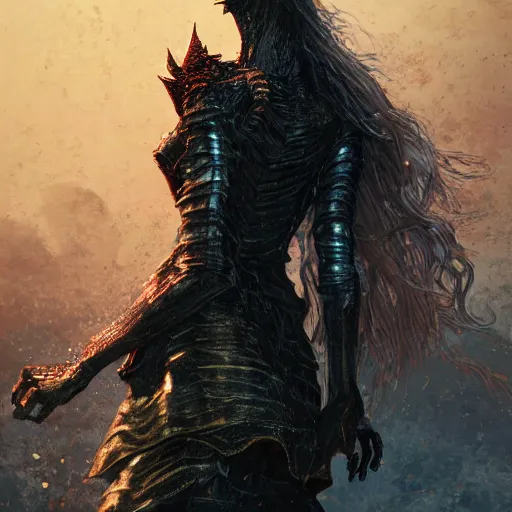 Image similar to Elle Fanning in the painted world of Dark Souls, head and shoulders masterpiece, apocalypse, golden hour, cosmic horror, artstation, in the style of Craig Mullins, extremely detailed