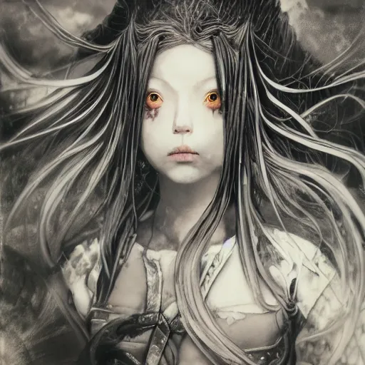 Image similar to yoshitaka amano realistic three quarter angle illustration of an anime girl with black eyes, wavy white hair fluttering in the wind and cracks on her face wearing elden ring armour with engraving, abstract black and white patterns on the background, noisy film grain effect, highly detailed, renaissance oil painting, weird portrait angle, blurred and dreamy polaroid photo