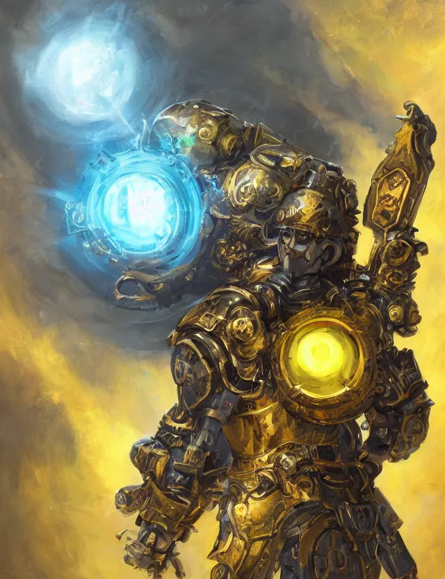 Prompt: full body, attack position abstract painting in lush fantasy environment of a ornate holy mechanical warforged with circular glowing eye, character in yellow armor holding a legendary paladin engraved holy great longsword and carrying a huge heavy paladin shield, vertically flat head, face in focus, epic , trending on ArtStation, masterpiece, cinematic lighting, by Ross Tran, by Delphin Enjolras, by Ruan Jia, by Greg Rutkowski