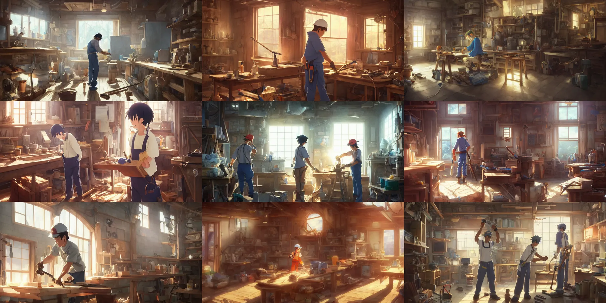 Prompt: a wholesome anime key shot of a carpenter working in the workshop, medium shot, waist up, studio Ghibli, Pixar and Disney animation, sharp, Rendered in Unreal Engine 5, anime key art by Greg Rutkowski, Bloom, dramatic lighting