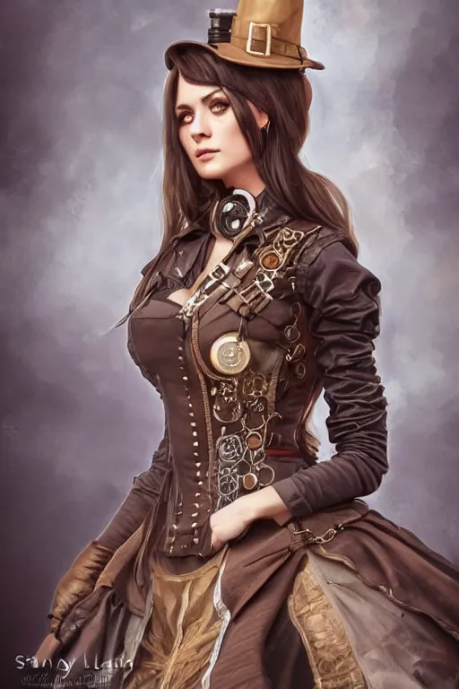 Image similar to full body photo of a gorgeous young woman wearing a steampunk dress in the style of stefan kostic, realistic, sharp focus, 8k high definition, insanely detailed, intricate, elegant, art by stanley lau and artgerm