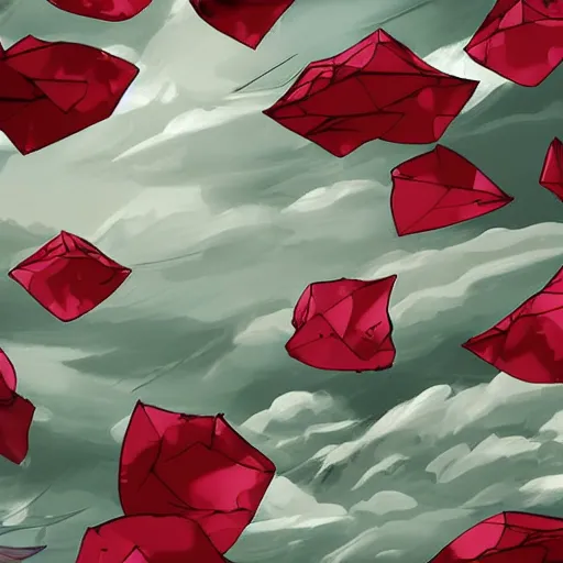 Image similar to background art of spaciously scattered longswords flowing and floating through the blowing swirling directional wind from left to right on a simple cloudy sky background, big puffy clouds, large individual rose petals, angular background elements, polygonal fragments, anime, artgerm, manga, trending on artstation, art nouveau, mature color scheme