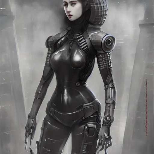 Prompt: By Tom Bagshaw, ultra realist soft painting of an attractive cyberpunk anime female fully bodysuit armored, with thin lustrous long hair floating, photorealistic eyes render, looking at camera, curiosities carnival, symmetry accurate features, very intricate details, focus, dark fantasy background, black and white, curvy