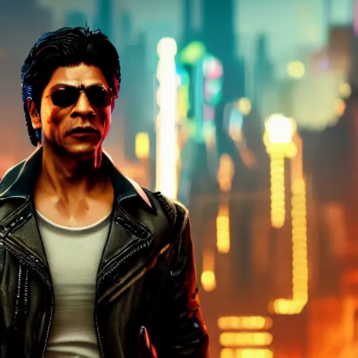 Image similar to full-frame of Shah Rukh Khan, wearing a brown leather-jacket, as a character from Cyberpunk 2077, looking at camera, intricate, sci-fi, extremely detailed, in the background cyperpunk-2077-city, concept art, artstation