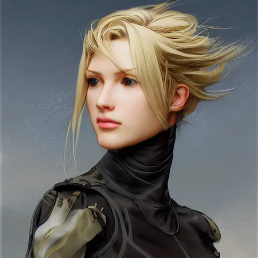 Image similar to Blonde Girl from Metal Gear Solid with thin lips, pronounced cheekbones, hair of medium length (longer caret), highly detailed, digital painting, artstation, concept art, smooth, sharp focus, illustration, ArtStation, art by artgerm and greg rutkowski and alphonse mucha and J. C. Leyendecker and Edmund Blair Leighton and Katsuhiro Otomo and Geof Darrow and Phil hale and Ashley wood and Ilya repin and Charlie Bowater