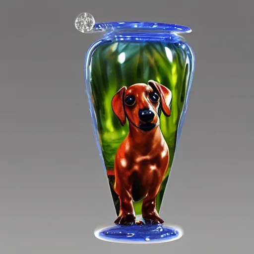Prompt: a hybrid murano glass vase that's mostly a dachshund puppy, digital art