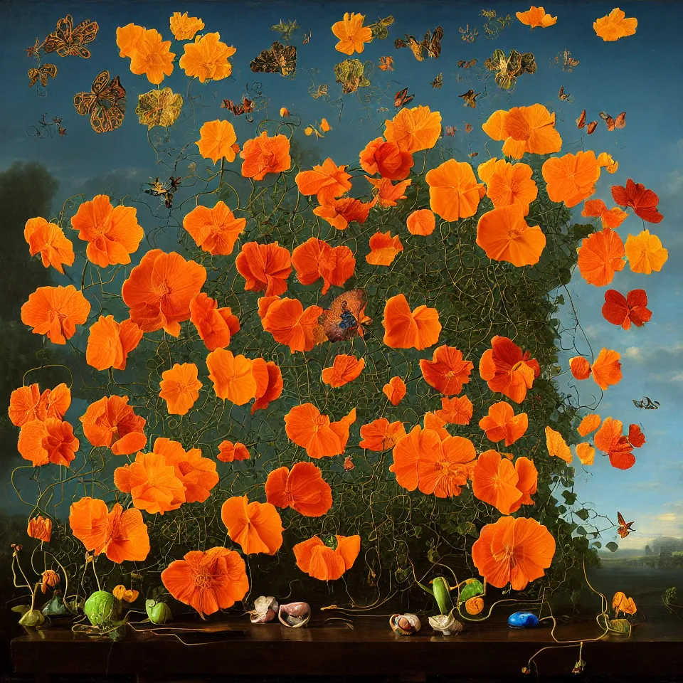 Prompt: dutch golden age bizarre nasturtium on wooden poles, portrait still life with many vines, colourful flying butterflies, waterlilies and lotuses, disturbing fractal forms sprouting up everywhere, rachel ruysch bright sky blue background chiaroscuro dramatic lighting perfect composition high definition 8 k oil painting with black background by christian rex van dali todd schorr recursive masterpiece