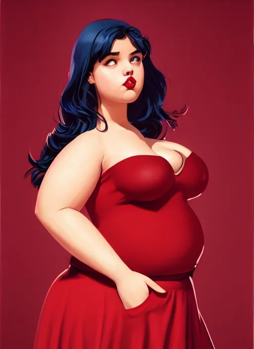 Image similar to full body portrait of teenage veronica lodge, obese, bangs, sultry, realistic, sultry smirk, wavy hair, red skirt, fat, belly, intricate, elegant, glowing lights, highly detailed, digital painting, artstation, concept art, smooth, sharp focus, illustration, art by wlop, mars ravelo and greg rutkowski