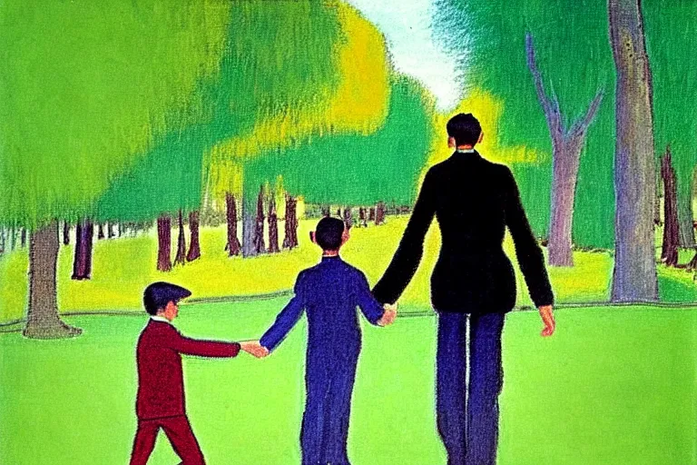 Image similar to a very tall man with dark hair holding the hands of a short young boy as they walk in a park on a bright beautiful colorful day. part in the style of an edgar degas painting. part in the style of david hockney