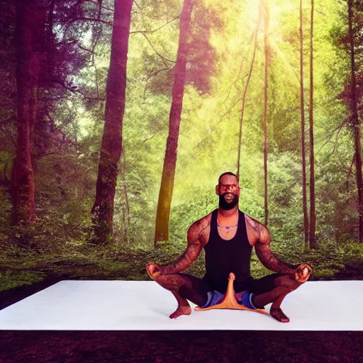 Image similar to lebron james doing yoga in the forest, realistic extremely detailed photo style painting, granular detail, holographic krypton ion, octane render, 4 k, f 3 2, 5 5 mm photography, wide angle