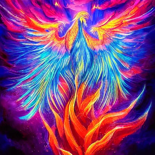 Prompt: beautiful phoenix rising from cloud of luminescent sparkling particles colorful detailed magical realism