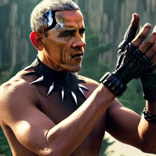 Image similar to A still of Obama in the Black Panther, rule of thirds, sigma male, cinematic