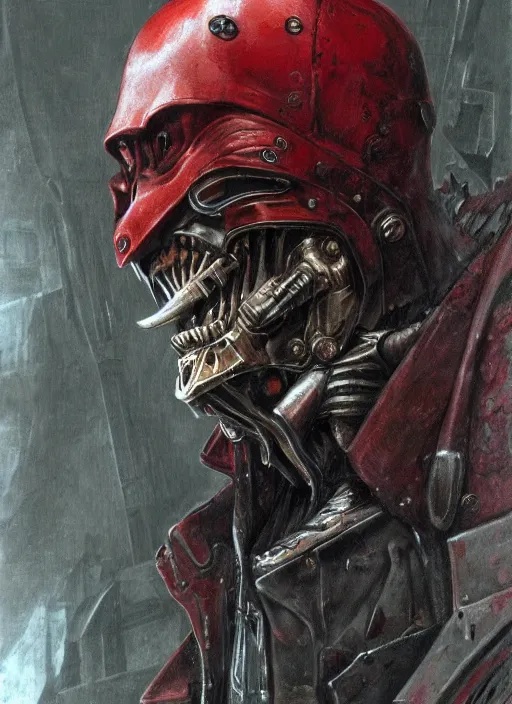 Image similar to portrait of rotten Nicolas Cage as adeptus mechanicus in red hood and robe from Warhammer 40000. Highly detailed, artstation, illustration by and John Blanche and zdislav beksinski and wayne barlowe