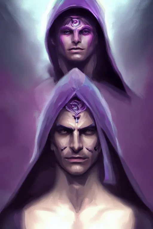 Prompt: djinn man male demon, portrait, full body character, concept art, purple cloak, single face, illustration, white spiral horns, cinematic color grading, editorial photo, fashion, hyperrealism, realism, trending on artstation, Charlie Bowater, WLOP