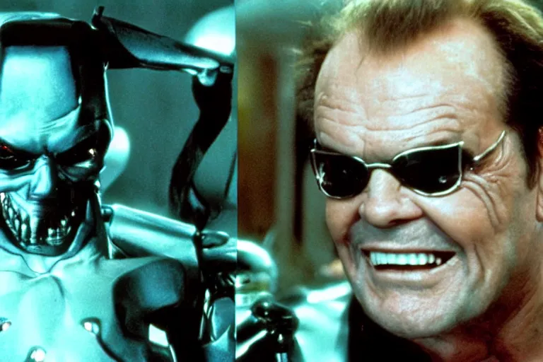 Image similar to Jack Nicholson plays Pikachu Terminator, Terminator's endoskeleton gets exposed and his eye glows red, scene from the film finale