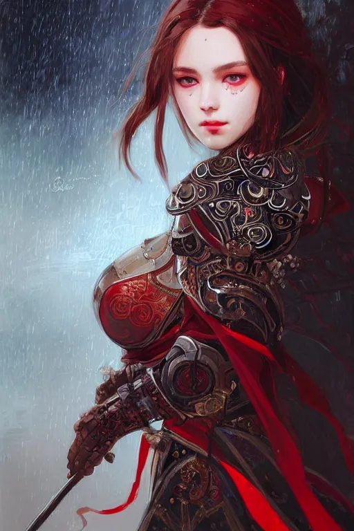 Prompt: portrait knights of Zodiac girl+smoky eyes, black fire red color reflected armor, in ruined Agora of Athens rainy night, ssci-fi and fantasy, intricate and very very beautiful and elegant, highly detailed, digital painting, artstation, concept art, smooth and sharp focus, illustration, art by tian zi and WLOP and alphonse mucha