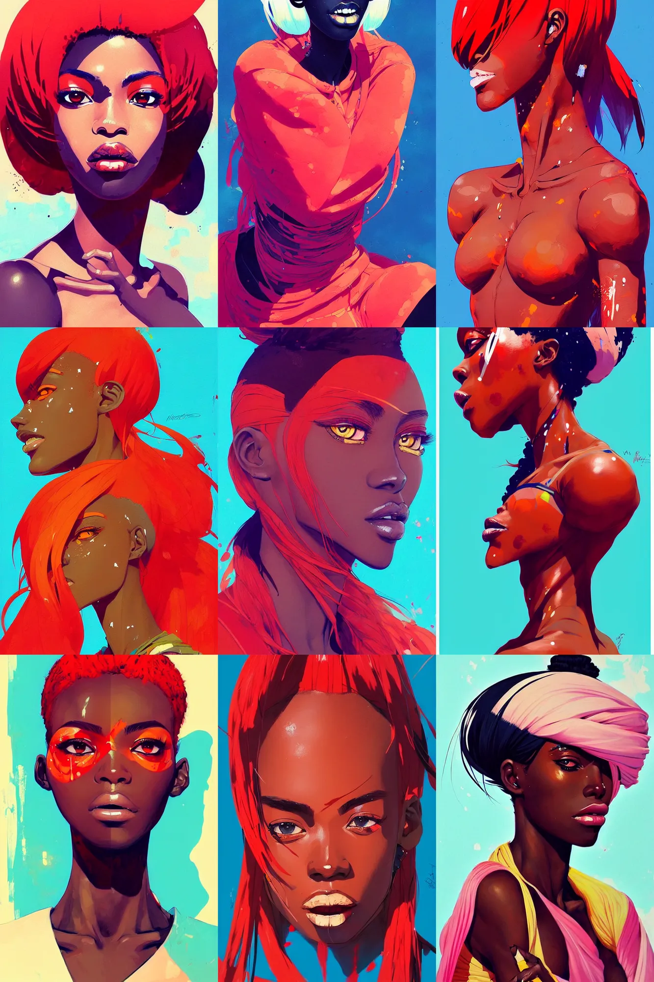 Prompt: an ultradetailed beautiful painting of a stylish african female fighter, by conrad roset, fiona staples and makoto shinkai, featured on artstation