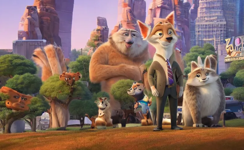 Image similar to joe biden got lost in the zootopia city, artstation hq, stylized, symmetry, modeled lighting, expressive, studio photo refined, highly detailed, hyper realistic, furry, sense of awe, zootopia style