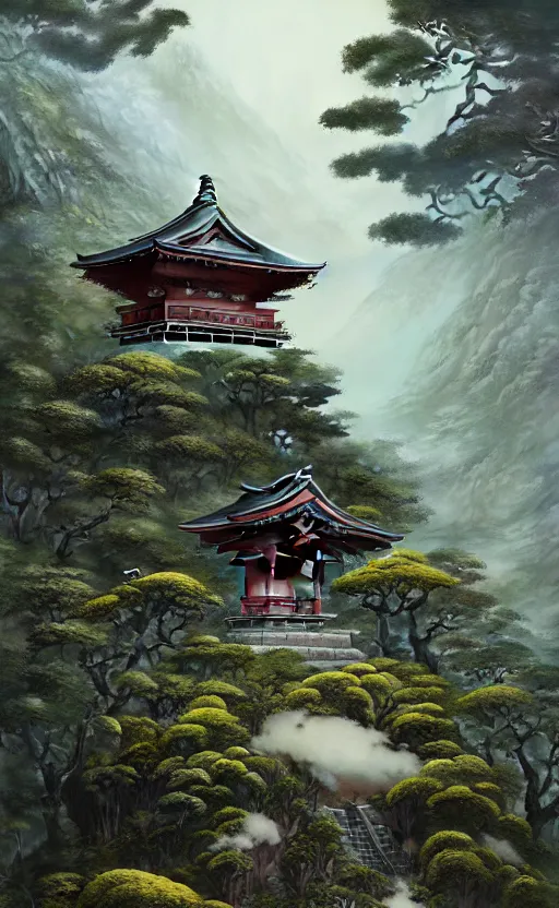 Image similar to japanese style shrine on top of a misty mountain overgrown, hyper realistic, lush gnarly plants, 8 k, denoised, by greg rutkowski, tom bagshaw, james gurney cinematic lighting