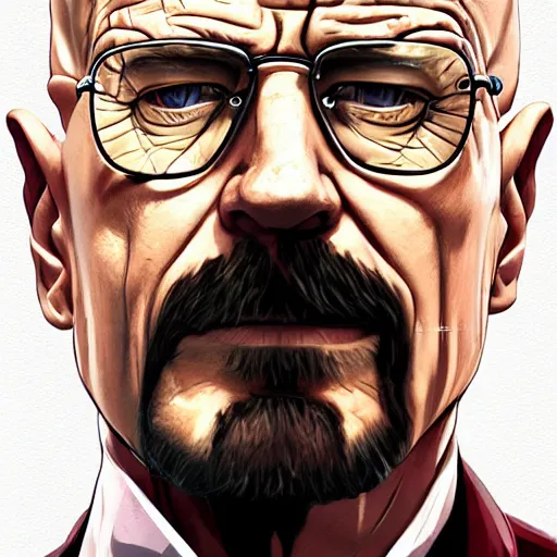 Prompt: walter white close - up, breaking bad, gta 5 cover art, smiling borderlands style, cellshading, trending on artstation, by rhads, andreas rocha, rossdraws, makoto shinkai, laurie greasley, lois van baarle, ilya kuvshinov and greg rutkowski