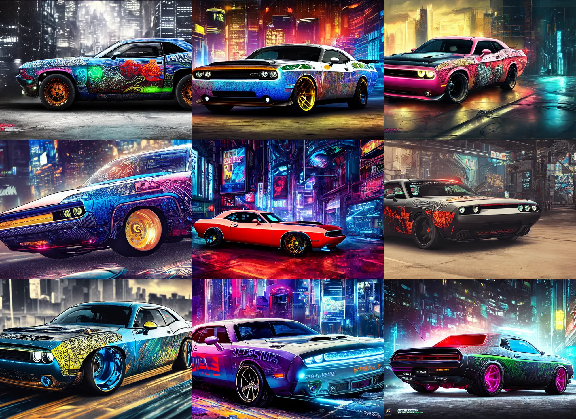 Prompt: cyberpunk dodge challenger with intricate gear etchings, high detail, bright lighting, colorful, 8 k, photorealistic