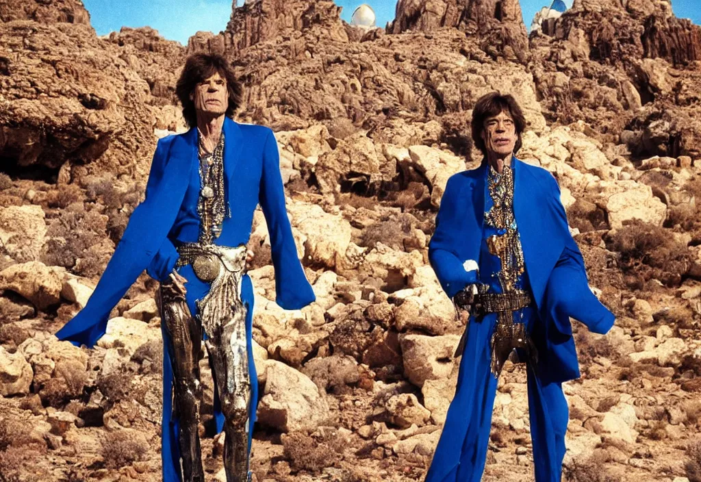 Prompt: mick jagger dressed in blue costume with jewels in a dry rocky desert landscape with ultradetailed alien complex city designed by giger and giant alien spaceship in the background, by christopher doyle and alejandro jodorowsky and giger, anamorphic lens, kodakchrome, cinematic composition, masterpiece, 8 k