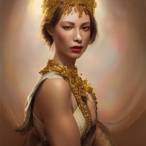 Prompt: expressive oil painting of alluring european princess, seductive look and smooth glowing skin, glistening body, love, adoration, ornate headpiece made from beads, glamour shot, by yoshitaka amano, by greg rutkowski, by jeremyg lipkinng, by artgerm, by sue bryce, digital art, octane render, white dress, mood lighting