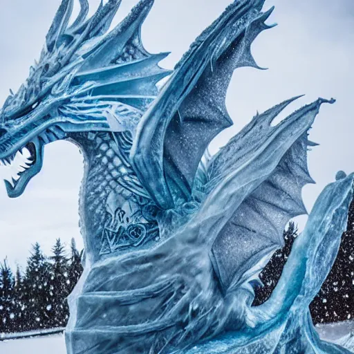 Prompt: a majestic dragon made of ice, ice sculpture, detailed fantasy photography