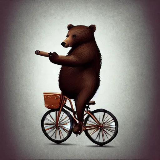 Image similar to a bear riding a bicycle and smoking cigars, digital art, artstation, 4 k