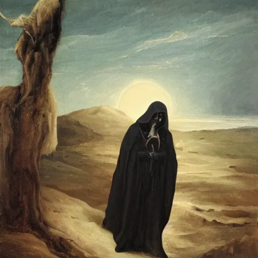 Prompt: ''death looking at skull, wearing a black robe''