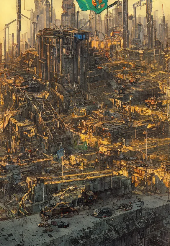 Image similar to [Underground colony with checkered flags, rust and brutalist buildings and little mushrooms. Propaganda poster, intricate, elegant, highly detailed, digital painting, artstation, concept art, matte, sharp focus, illustration, art by Enki Bilal and Moebius]