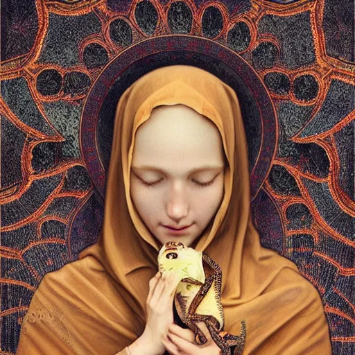 Image similar to the virgin mary holding a baby lizard lizard, highly detailed, digital painting, concept art, smooth, sharp focus, illustration, surrealist, absurd, humorous, photoshop, art by artgerm and greg rutkowski and alphonse mucha