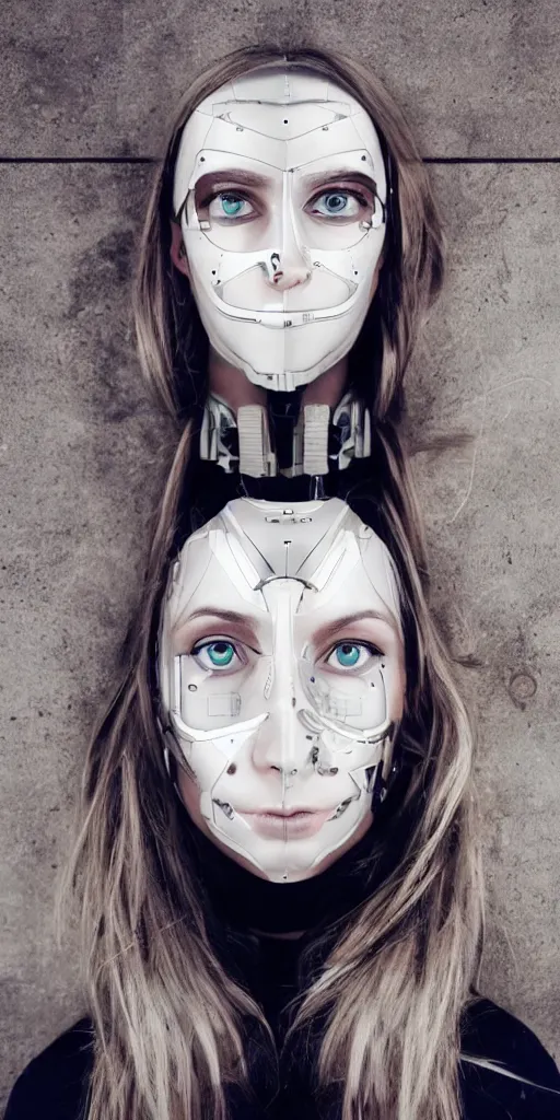 Image similar to white girl cyborg, symmetrical face, face enhancement, full shot, highly detailed, epic composition