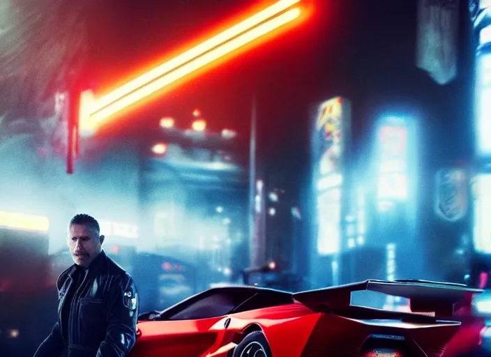 Prompt: Bladerunner 2049 intimidating street racer standing next to his red car wearing black fire suit race suit night time Bladerunner 2049 RTX 45mm wide angle photo RX7 NSX G-TR cinematic movie still aesthetic