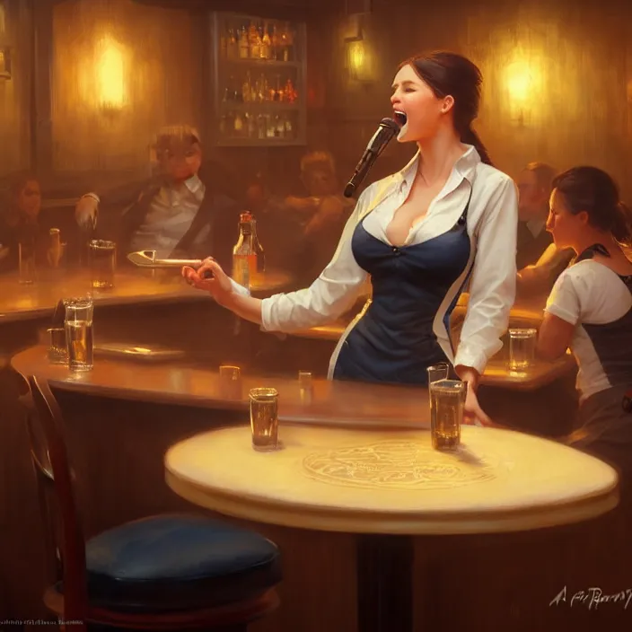 Image similar to a waitress singing on a table in a bar, elegant, real life skin, intricate artwork, high detailed, artstation, concept art, smooth, sharp focus, art by artgerm and greg rutkowski