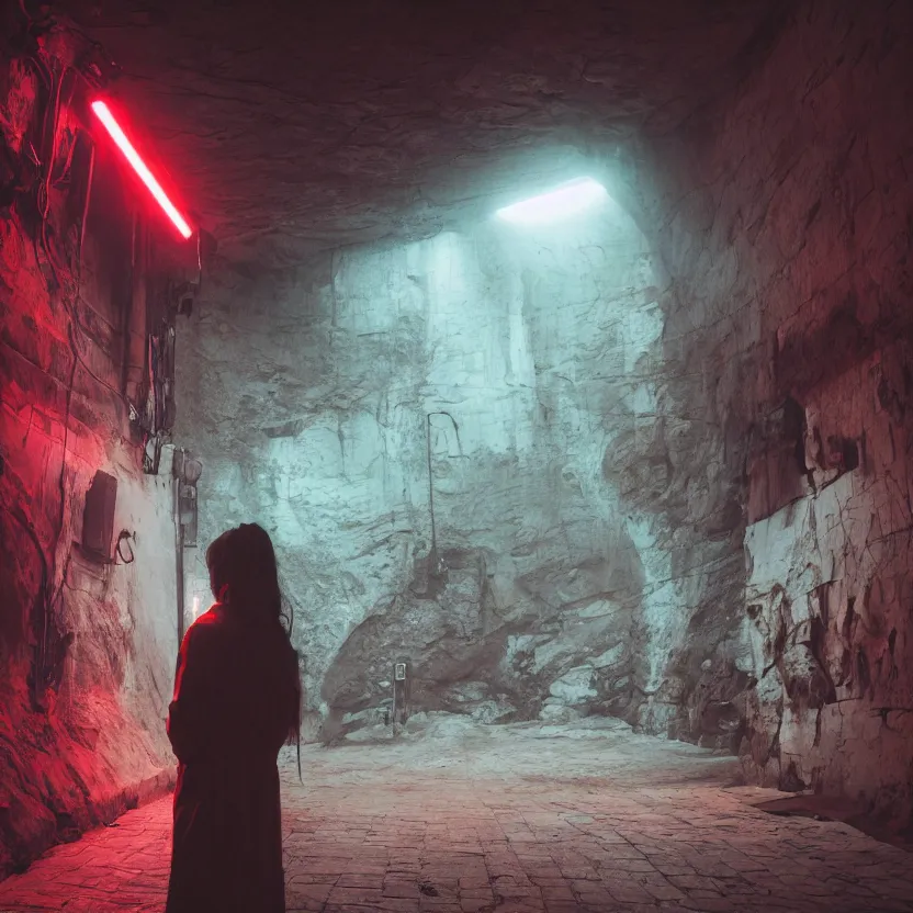 Prompt: a person in a dark tunnel with a light on, cyberpunk art by Elsa Bleda, by Elsa Bleda unsplash contest winner, aestheticism, national geographic photo, associated press photo, dystopian art